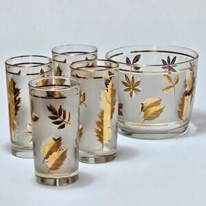 Libbey Gold Leaf Ice Bucket & 4 Glasses